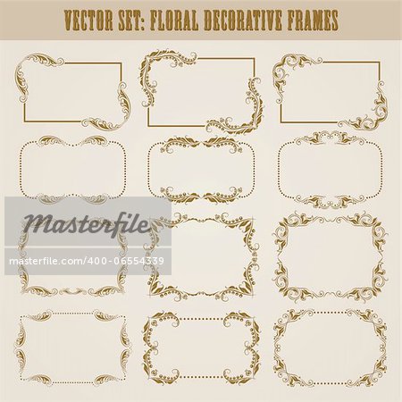 Vector set of decorative ornate border and frame with floral elements for invitations. Page decoration.