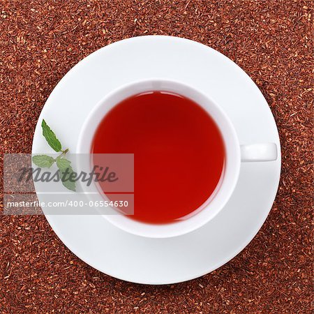 Rooibos Tea in a cup, decorated with a mint