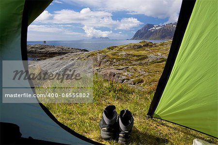 Picturesque wild-camping spot on Lofoten islands in Norway