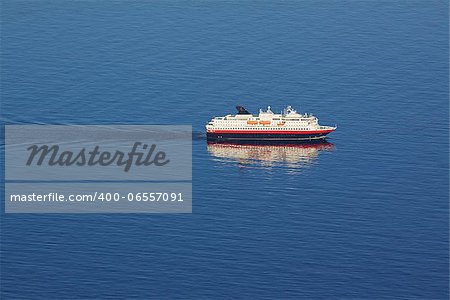 Aerial view of traditional norwegian cruise ship in tranquil blue ocean