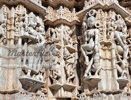 Ancient Sun Temple in Ranakpur. Jain Temple Carving.  Ranakpur, Rajasthan, Pali District, Udaipur, India. Asia.