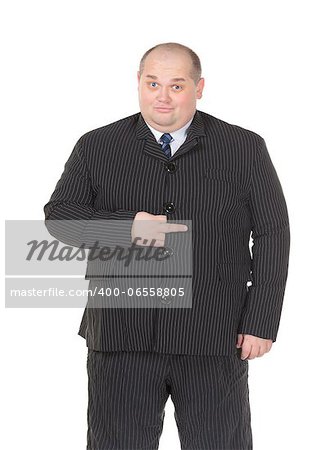 Obese businessman in a suit and tie making gesturing, isolated on white
