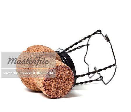 Champagne wine cork with muselet on white background
