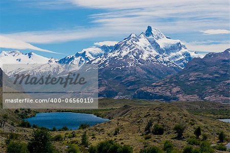 Panoramic view of lakes and mountains on the way from estancia cristina to the upsala glacier, in patagonia argentina