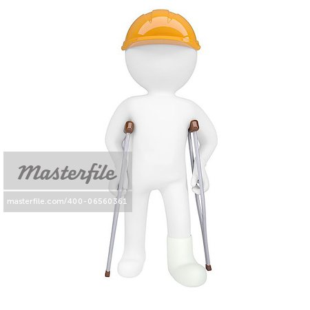3d white man in a helmet and on crutches. Isolated 3d rendering