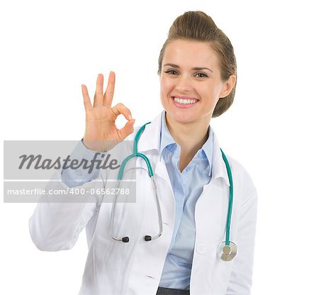 Medical doctor woman showing ok gesture