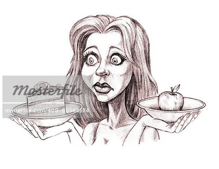 Girl with cake and apple. Illustration on white background.