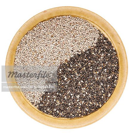 black and white chia seeds in a small ceramic bowl isolated on white