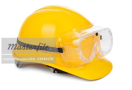 yellow hard hat and goggles on white, small natural shadow under object