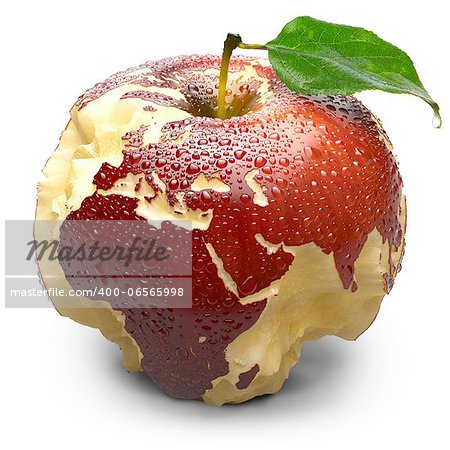 Red ripe apple. Its juicy pulp deeply carved oceans. Apple peel in the form of exact shape of continents is covered with water droplets. Isolated on a white background