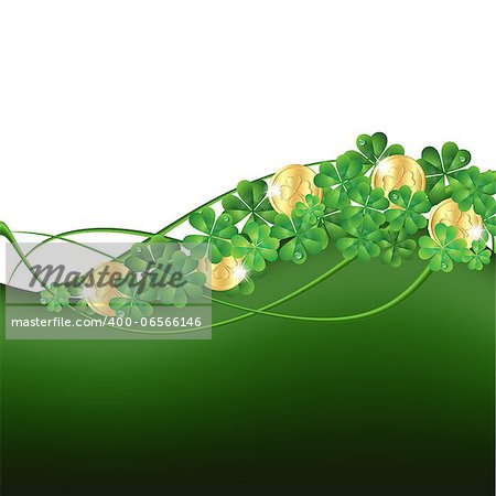 Patrick's Day card with clovers and golden coins. Vector illustration