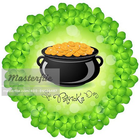 St. Patricks Day Cauldron with Gold Coins and Shamrock Around