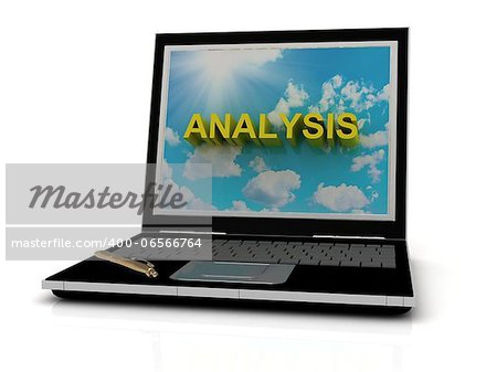 ANALYSIS sign on laptop screen of the yellow letters on a background of sky, sun and clouds