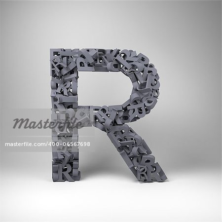 Letter R made out of scrambled small letters in studio setting