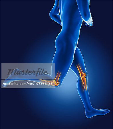 3D running medical man with skeleton knees highlighted