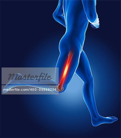 3D running medical man with thigh bone highlighted