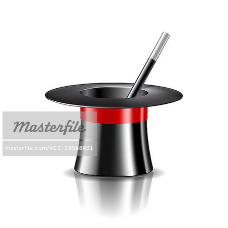 Magic hat and magic wand on white background. Vector illustration