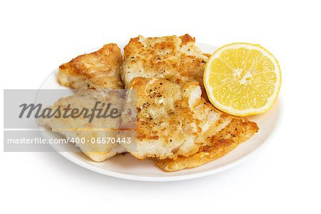 fried in flour codfish on plate, isolated on white background