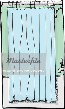 Small shower and bathtub with blue curtain