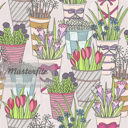 Cute seamless floral pattern. Pattern with flowers in buckets.