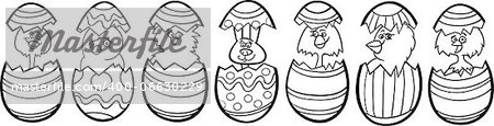 Black and White Cartoon Illustration of Six Little Chickens or Chicks and one Easter Bunny in Colorful Eggshells of Easter Eggs for Coloring Book