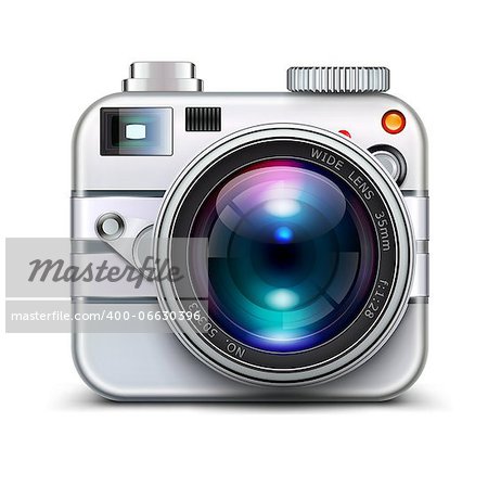 Vector illustration of detailed icon representing metal style photo camera with lens