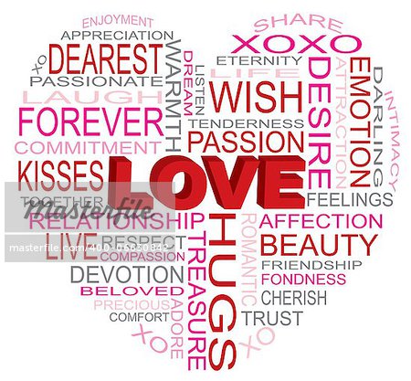 Valentines Day Love Word Cloud in Heart Shape Outline Isolated on White Background Illustration