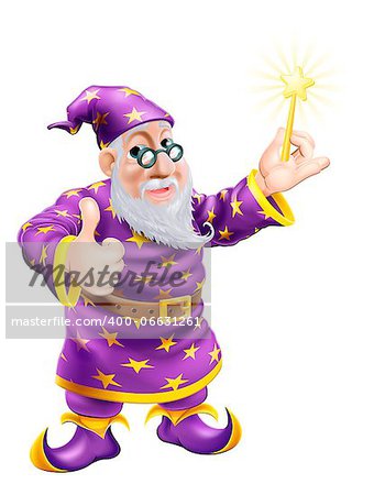 A drawing of a cute friendly old wizard character holding a wand and giving a thumbs up