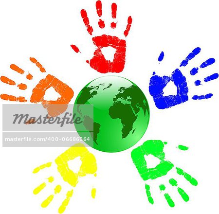 the vector green globe and color hands