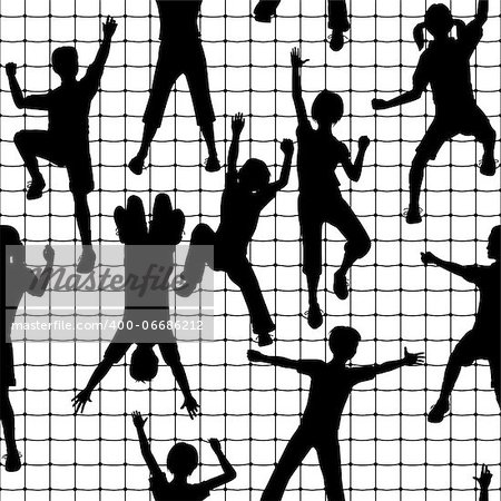 Editable vector seamless tile of children silhouettes climbing a rope mesh