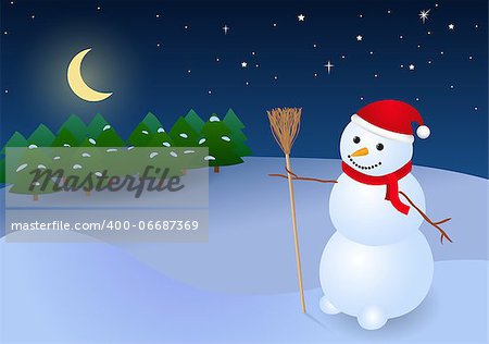 Background with snowman in red cap and night sky