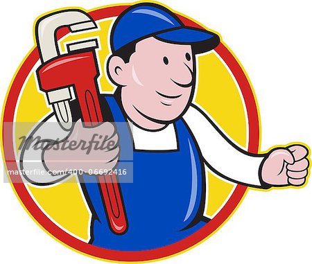 Illustration of a plumber with monkey wrench done in cartoon style on isolated background set inside circle.