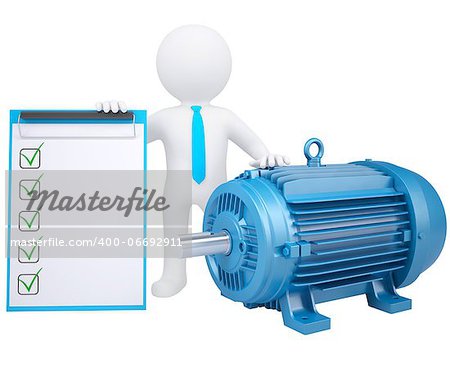 3D man standing next to the motor. Isolated render on a white background