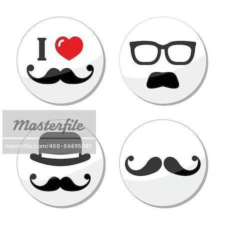Moustache with hat or glasses labels set