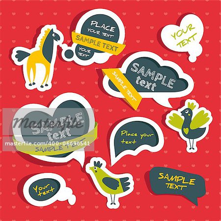 set of speech bubbles with cute birds and horse