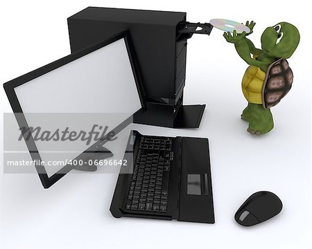 3D render of a tortoise with a computer