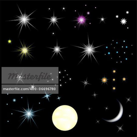 Set Of Stars And Moon With Gradient Mesh, Isolated On Black Background, Vector Illustration