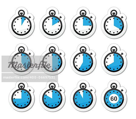 Timer measuring different time blue and black labels isolated on white