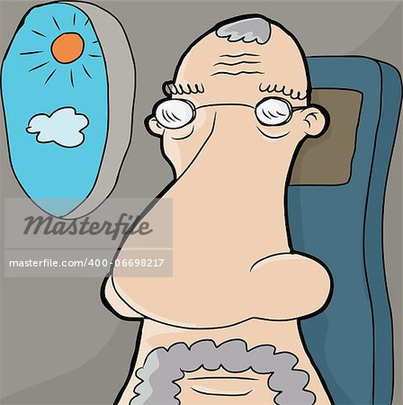 European senior man with large nose in airplane seat