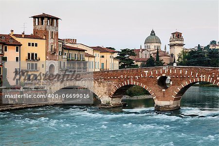 View of Adige River and Saint Peter Bridge in Verona, Veneto, Italy