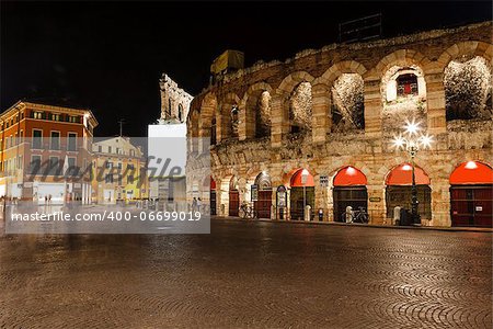 Ancient Roman Amphitheater on Piazza Bra in Verona at Night, Veneto, Italy