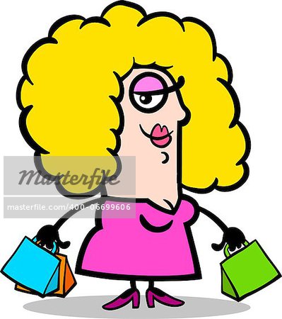 Cartoon Illustration of Happy Woman with Shopping Bags
