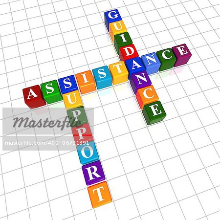 assistance, support, guidance - business concept words in color cubes like crossword