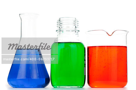 Beakers and an erlenmeyer against a white background