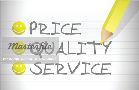 evaluate price, quality and service over a notepad