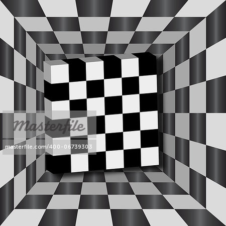 Checkerboard tunnel with 3D cube. Background for chessboard.