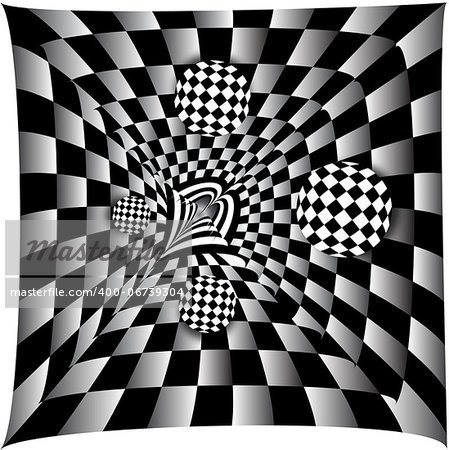 Checkerboard abstract with rolling spheres of different size.