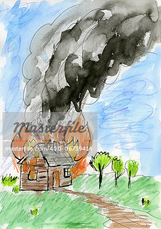 Burning house. Watercolor, ink on paper.