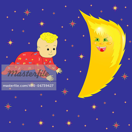 Baby Dreaming with smiling Moon and against the night sky. Hand Drawing Cartoon Vector Illustration