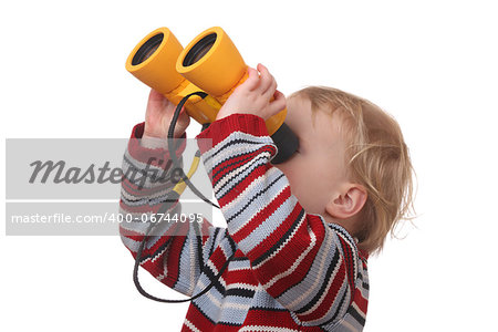 Portrait of a toddler with binoculars on white background